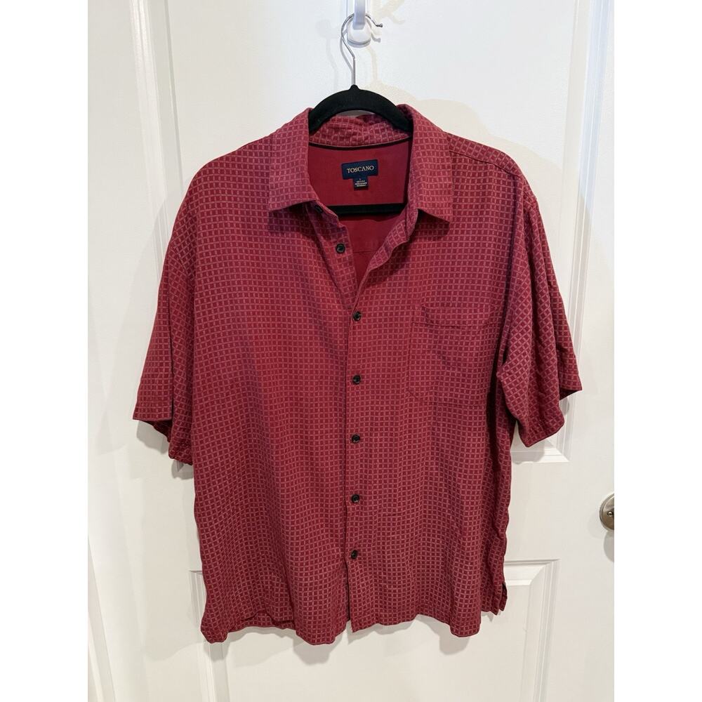 Toscano 💯 Silk Shirt Men’s Large Red/Burgundy Geometric Resort Camp Button Up
